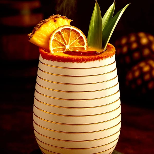 A Los Compas Mexican restaurant cocktail with pineapple, orange, chili, and green leaves in a striped glass.