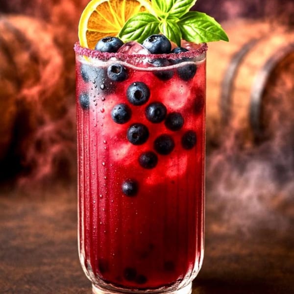 A vibrant red blueberry drink garnished with an orange slice and basil, against a rustic background.