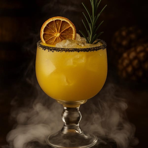 Mexican cocktail with dried orange, rosemary, and a dark rim, surrounded by smoke.