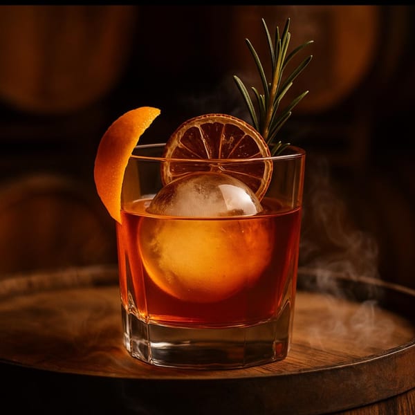 Smoky cocktail with an orange peel, dried orange slice, and rosemary sprig on a wooden barrel.