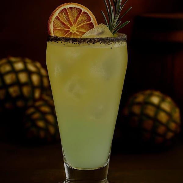 A vibrant green and yellow cocktail in a tall glass, garnished with a dried orange slice and rosemary.