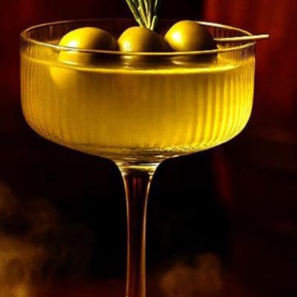 Golden cocktail in a ribbed glass, garnished with three green olives and a rosemary sprig.