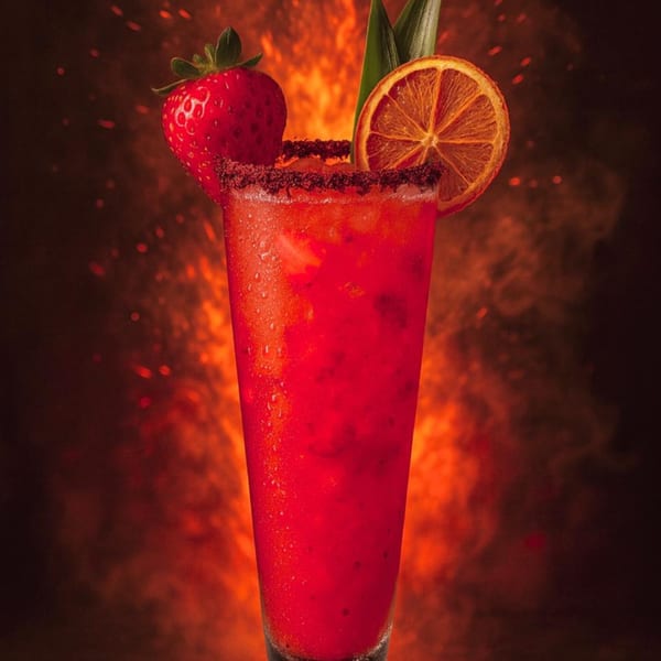 Strawberry margarita with a chili-lime rim, garnished with a strawberry and orange slice, against a fiery background.