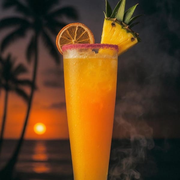 Tropical drink with orange and pineapple garnishes, set against a sunset beach with palm trees.