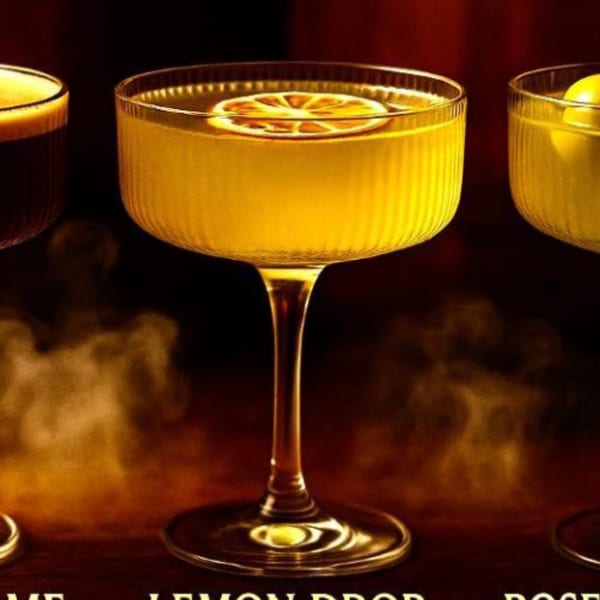 Three cocktails, including a lemon drop, with mist rising from the dark table.