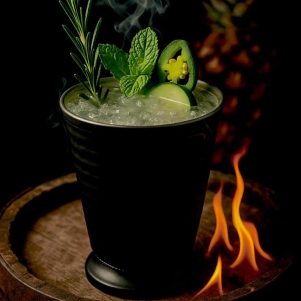 Smoky cocktail in a black cup with rosemary, mint, cucumber, and jalapeño, with flames below.