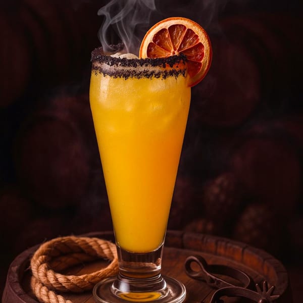 Smoky orange cocktail with a black sugar rim and dried orange slice on a wooden barrel.