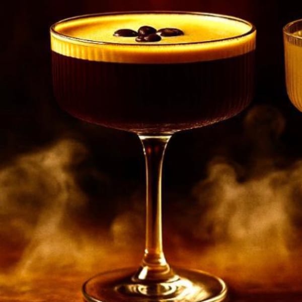 Dark cocktail with a golden foam top and coffee beans, with steam rising around it.