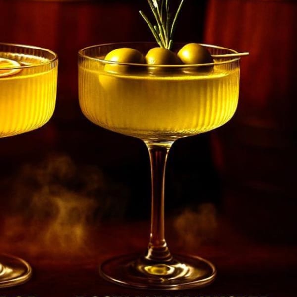 Two golden cocktails in ribbed glasses, garnished with olives and rosemary, on a dark table.