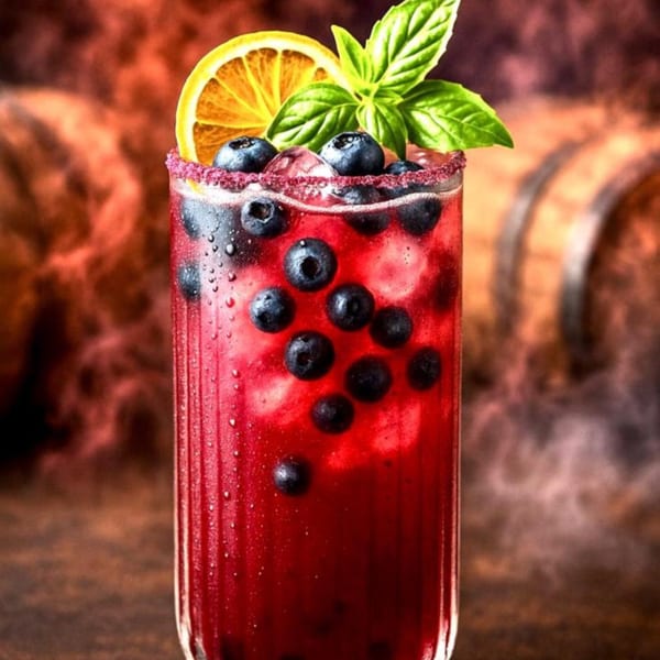 A vibrant red blueberry cocktail with an orange slice and basil garnish, against a smoky background.