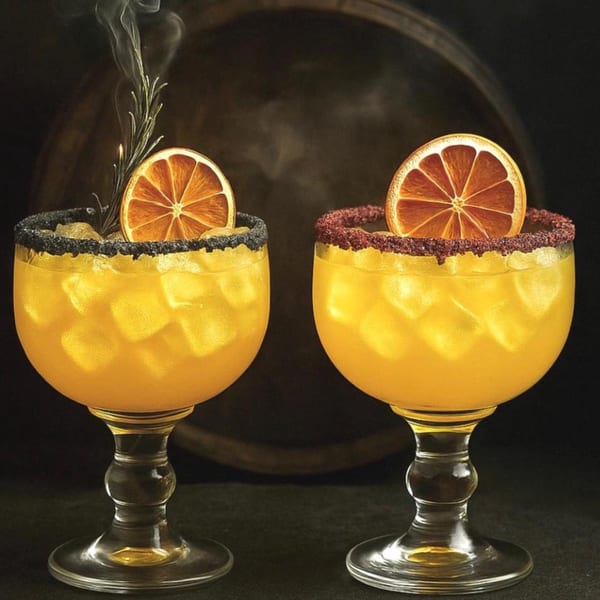 Two vibrant orange cocktails with ice, garnished with orange slices and rimmed with spices.
