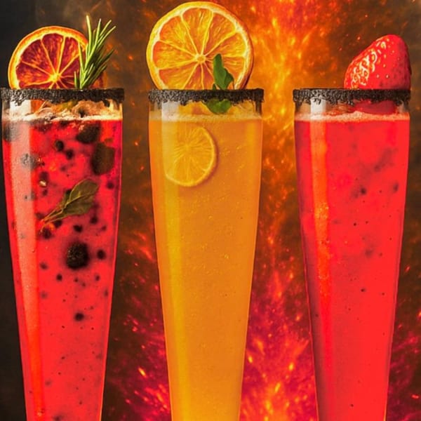 Three vibrant Los Compas cocktails: red with berries, orange with citrus, and red with a strawberry.