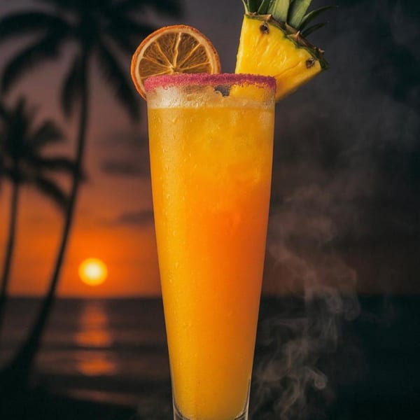 Tropical orange drink with pineapple and dried orange garnish, against a sunset beach backdrop.