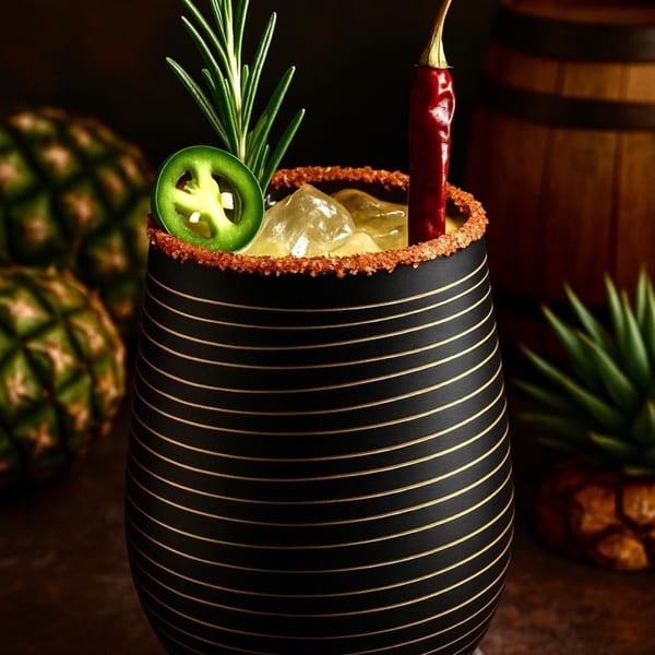 A black cocktail with gold stripes, garnished with rosemary, a jalapeño slice, and a red chili.