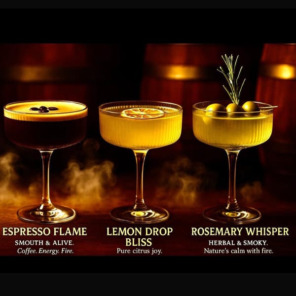 Three cocktails: Espresso Flame, Lemon Drop Bliss, and Rosemary Whisper, with smoke around their bases.
