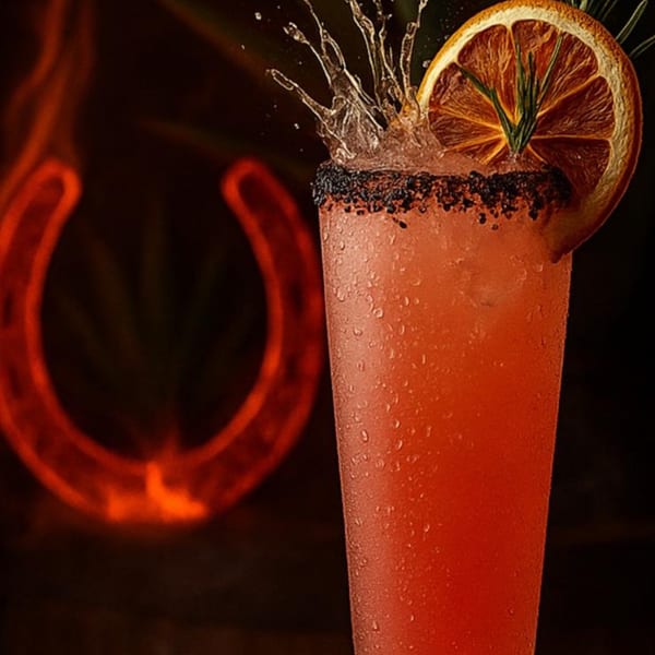 Red cocktail with a salted rim, orange slice, and rosemary, splashing against a fiery horseshoe.