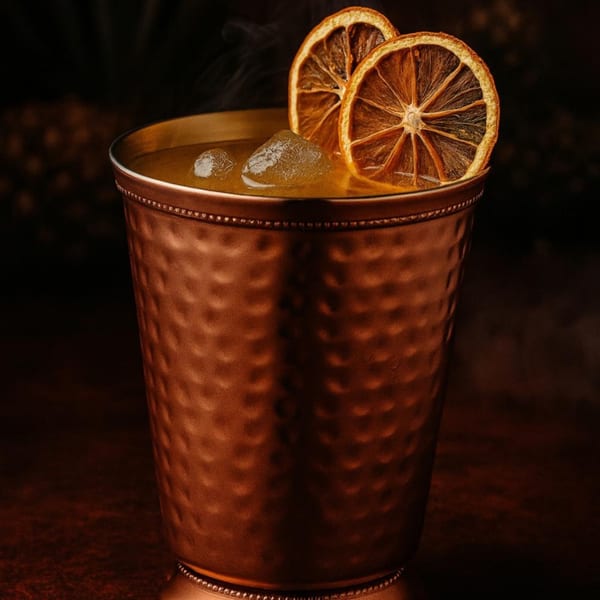 A copper mug filled with a drink, ice, and two dried orange slices, with steam rising.
