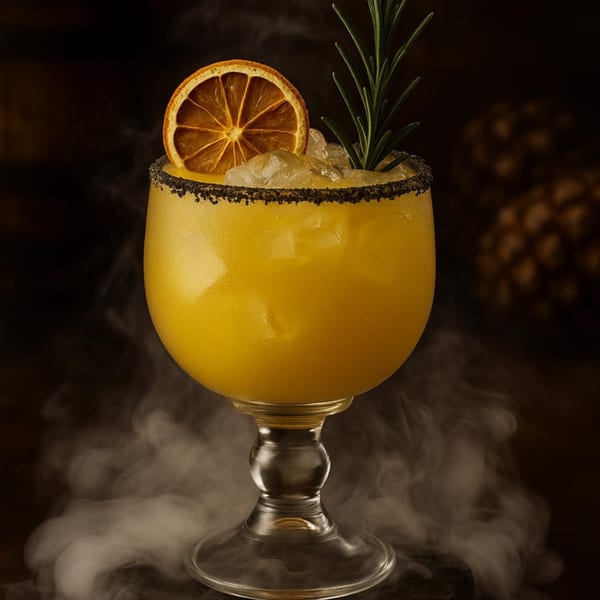 A vibrant yellow cocktail with ice, garnished with a dried orange slice and rosemary, emitting smoke.